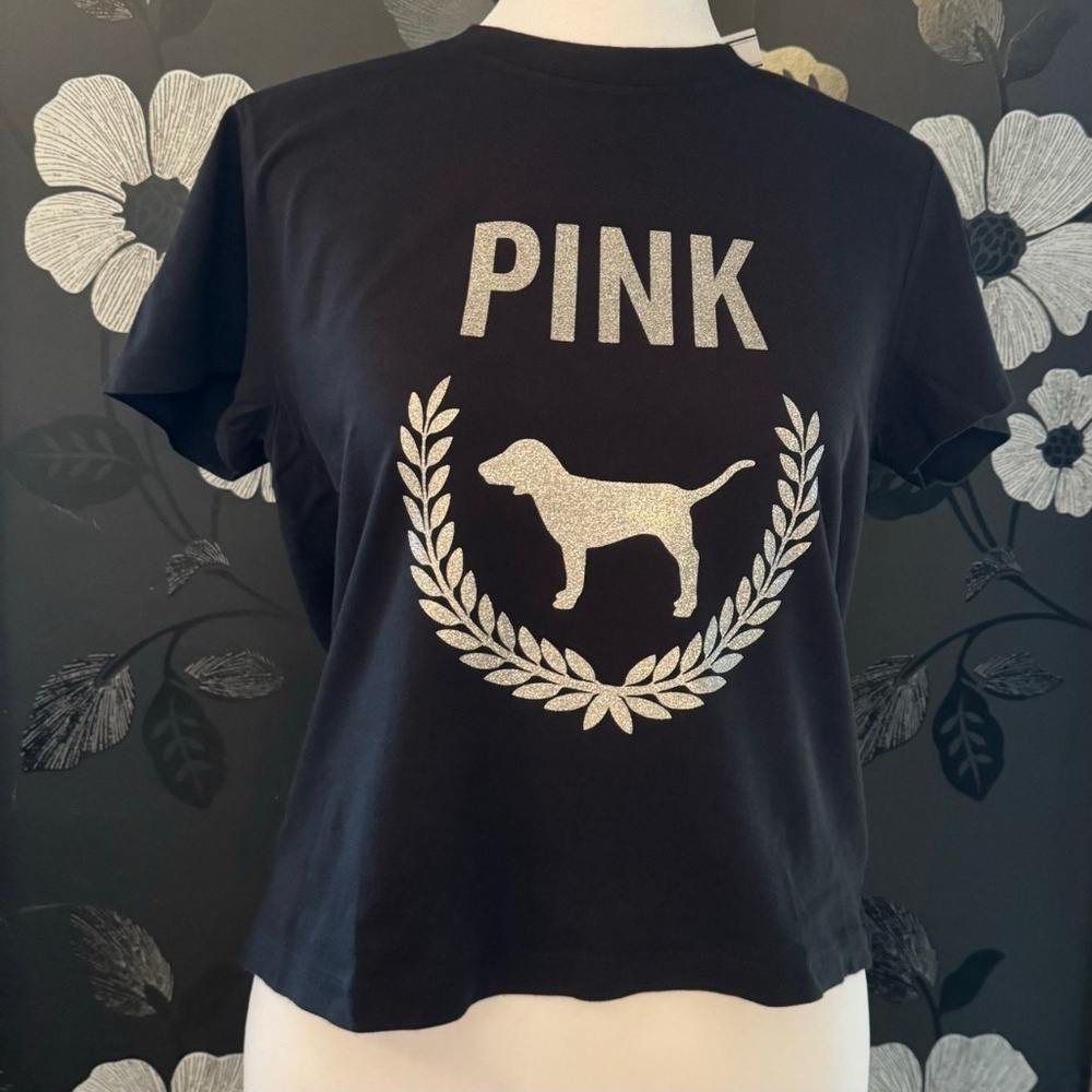 Victoria Secret PINK Black Cotton Dreamer T-shirt With Silver Glitter Logo Small